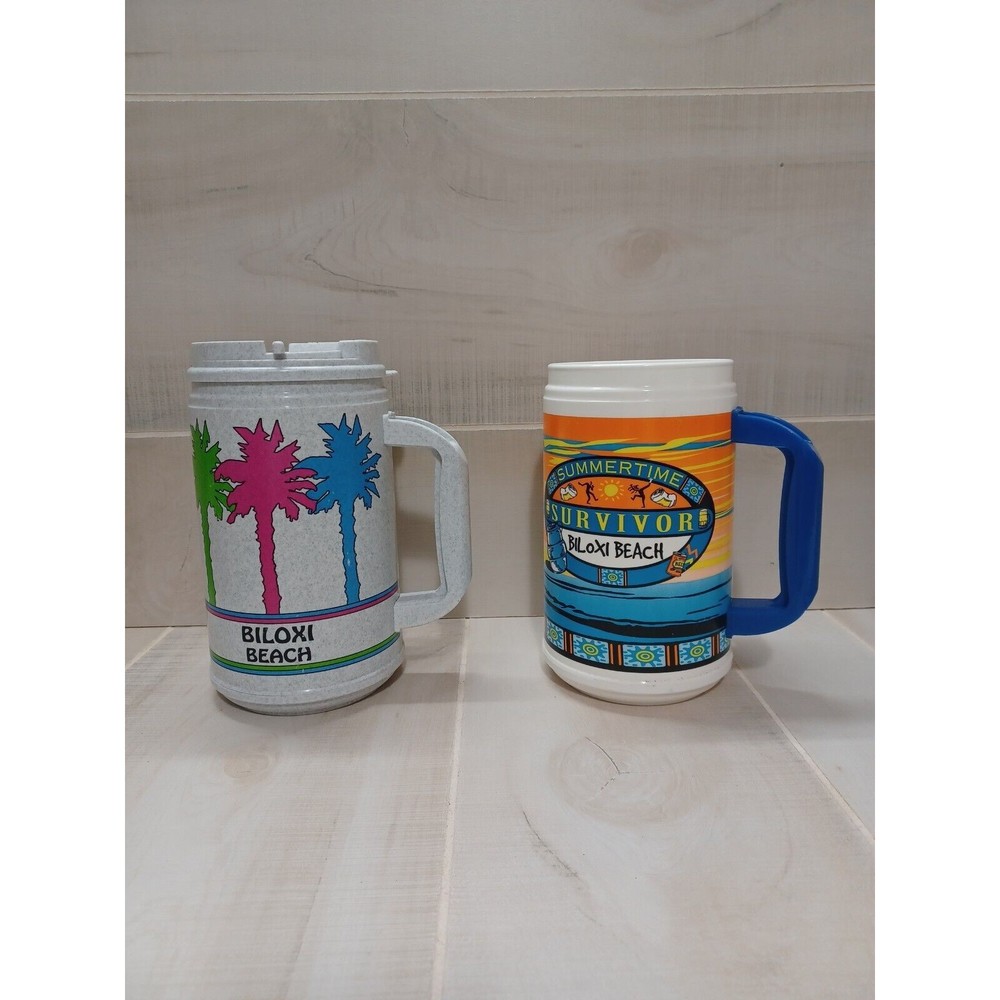 2 Vintage Whirley Biloxi Beach Souvenir Summertime Plastic Travel Mug